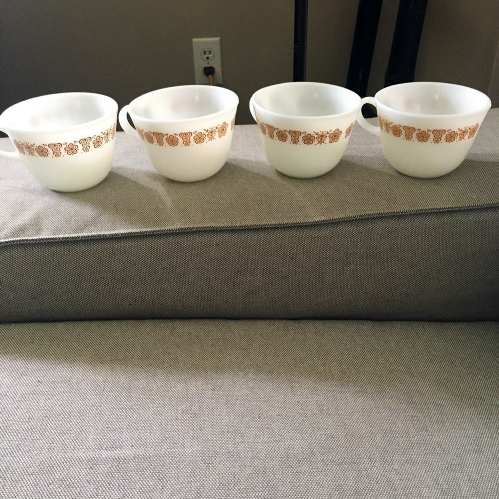 White  Pyrex glass Tea Cups with Orange Floral Band - Set of 4.